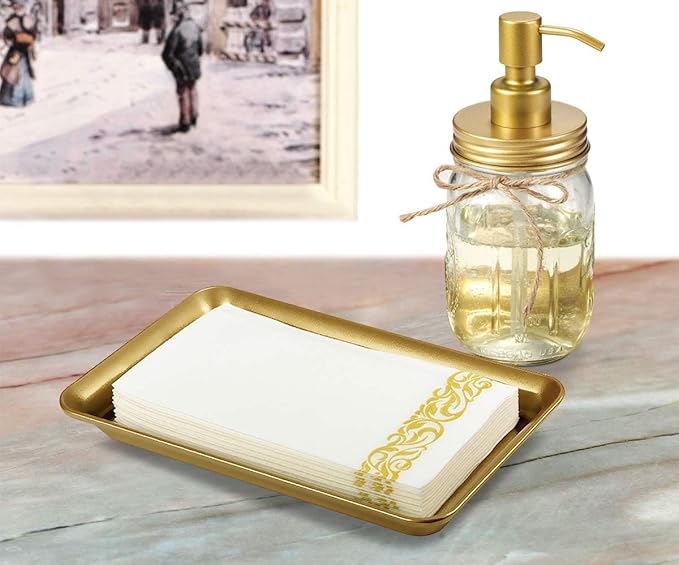 Vintage Farmhouse Decor Metal Vanity Tray (1 Pack), Countertop Guest Hand Towel Storage Tray Dispenser Organizer, Sturdy Bathroom Holder for Perfume, Cosmetics, Jewelry, Makeup (Gold
