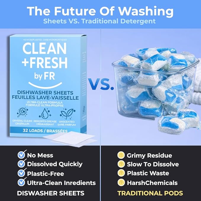 Clean And Fresh Dishwasher Detergent Sheets – 32 Loads – Plastic-Free Dishwasher Soap – Ultra-Concentrated, Quick-Dissolve, Unscented – Powerful Grease Cleaning – HE & Septic Safe, Zero Residue