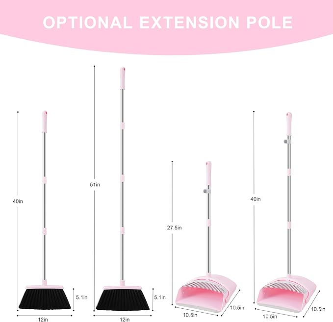 Pink Broom and Dustpan Set, 52-in Handle Broom Dustpan Combo Set Household Hand Broom with Dustpan Teeth to Clean Hair for Home Kitchen Office Lobby Sweeping Indoor（Pink）