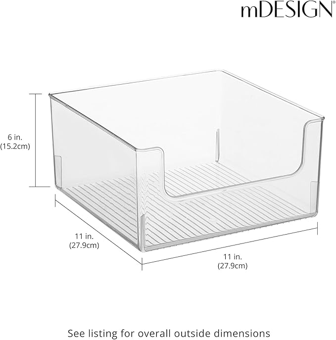 mDesign Plastic Modern Wide Open Front Dip Storage Organizer Bin Basket for Household Organization - Shelves, Cubby, Cabinet, and Closet Organizing Decor - Ligne Collection - 4 Pack - Clear