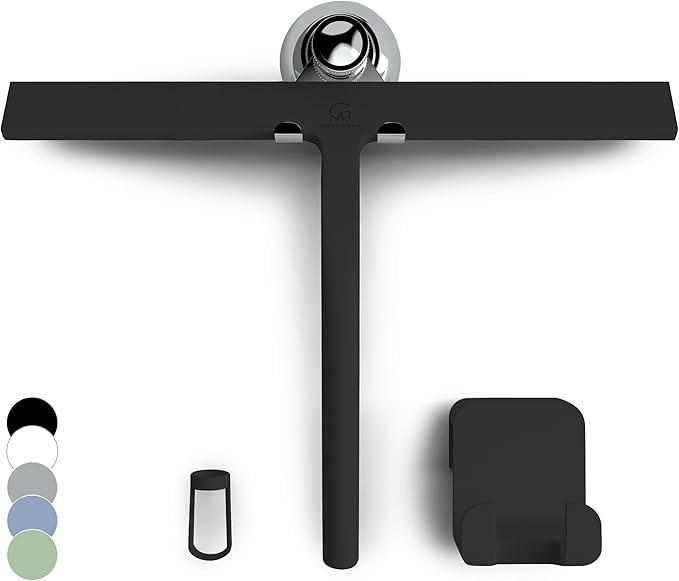 GÜTEWERK Silicone Shower Squeegee for Glass Doors & Mirrors with Stainless Steel Core, Streak-Free & No-Squeak Window Cleaning, 3-in-1 No-Drill Mount (Hook/Suction/Adhesive),Black, 13 Inches