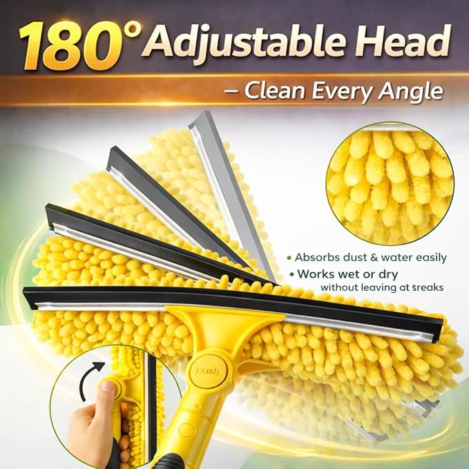 36FT High Reach Window Squeegee with Extension Pole, 2-1 Window Washing Kit with 8-Stage Telescopic Pole & Rotatable Head, No-Ladder Window Cleaner for High Window, Solar Panel, RV & Outdoor Glass