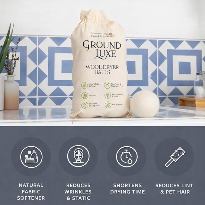 GroundLuxe Premium New Zealand Wool Dryer Balls - 6-Pack, 100% Organic, Hand-Felted, Reusable, Reduce Drying Time - Natural Fabric Softening, Wrinkle & Static Reduction