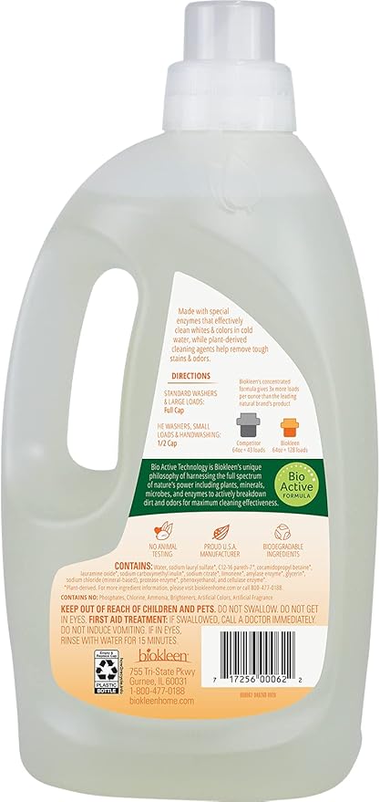 Biokleen Natural Cold Water Laundry Detergent - 128 Loads - Liquid, Concentrated, Eco-Friendly, Non-Toxic, Plant-Based, No Artificial Fragrance or Preservatives