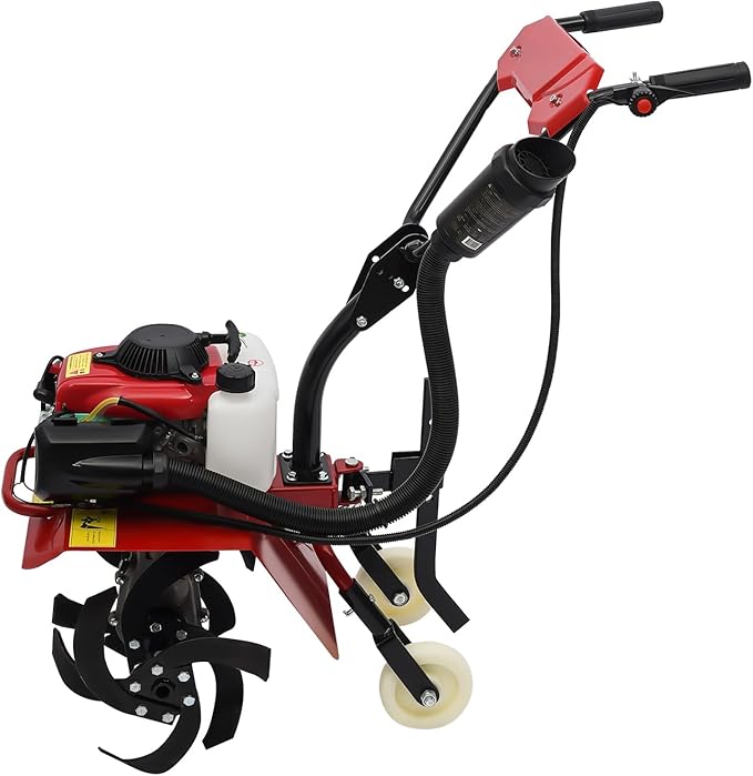 Garden Tiller Cultivator, 4-Stroke 63CC Gas Powered Tiller Cultivator Garden Yard Rototiller Tilling Tool Gas Tiller- Ideal with Long Handle for Plowing Turning Soil Ditching