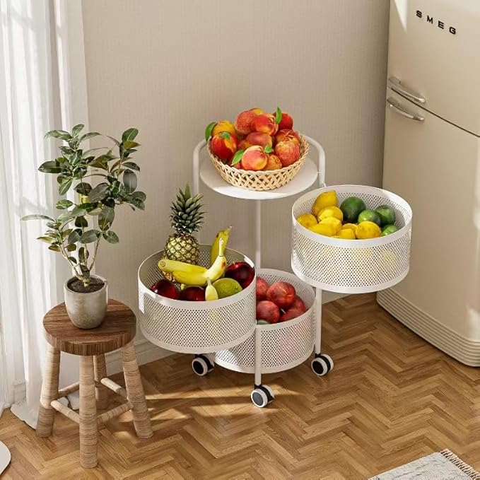 Vegetables Storage Basket, Rotating Storage Shelves Basket Carts Rack Organizer Bin on Rolling Wheels in Kitchen Household for Fruits Grocery Corns Potatos-(3-tier,White)