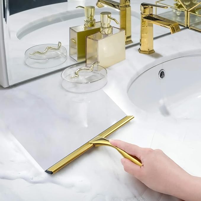 J&V TEXTILES All-Purpose Stainless Steel Shower Squeegee for Glass Doors with Adhesive Hooks, Squeegee for Shower Glass, Bathroom Household Cleaner Tool, 10 Inch (Gold)