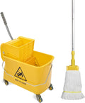 Mop Bucket with Wringer, 22 Qt (5.5 Gallon), Handle, Wheels,Floor Cleaning, 16.5" L x 10.6" W x 26.4" H, Yellow,Add One Cotton Mop
