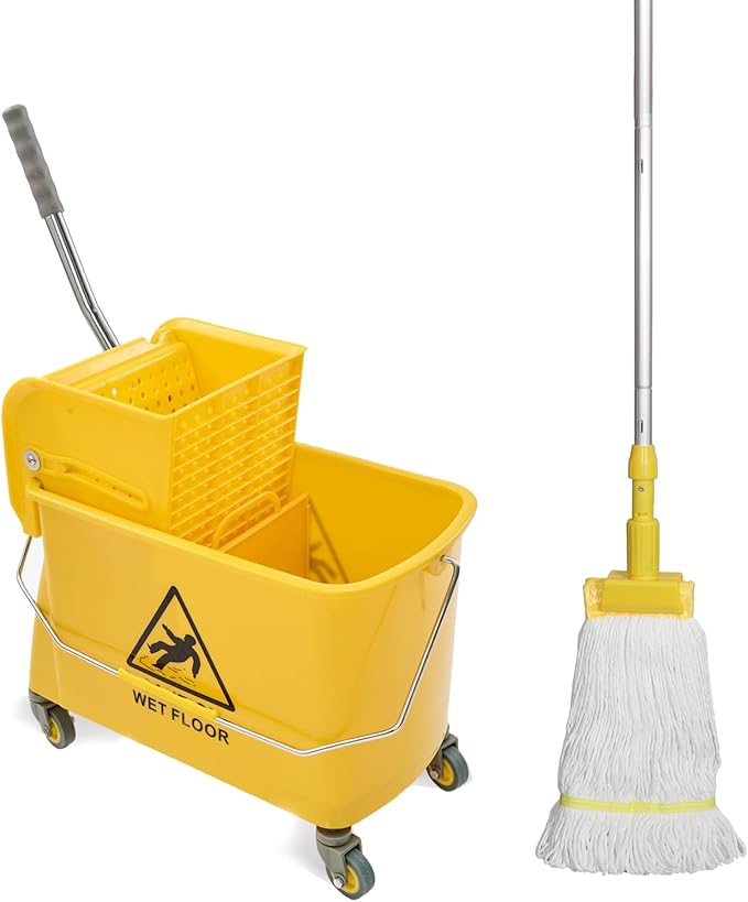 Mop Bucket with Wringer, 22 Qt (5.5 Gallon), Handle, Wheels,Floor Cleaning, 16.5" L x 10.6" W x 26.4" H, Yellow,Add One Cotton Mop