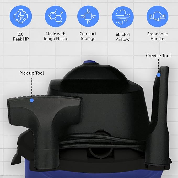 Koblenz Wet Dry Vacuum Cleaner, 2 Gallon 2.0 PHP, 60 CFM, 10 ft Reach, Twist-N-Lock Hose, Small Shop Vac, Portable Shop Vac for Home Car Garage Workshop, Accessories Included, Blue/Black, WD-2L