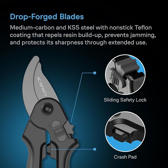 AC Infinity 8” Professional Bypass Pruning Shear, Medium-Carbon KS5 Steel Blades with Nonstick Teflon Coating, Tree Trimmer Secateurs for Gardening, Hydroponics, Grow Tents