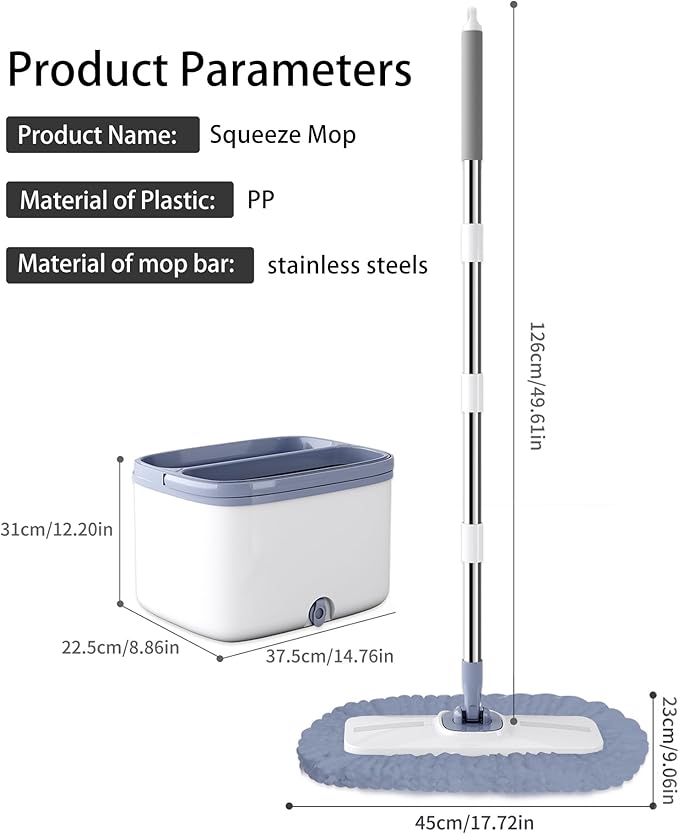 Flat Microfiber Mop and Bucket Set with Wringer, 360° Spin Mop for Floor & Wall Cleaning, 17.7x9in Wide Head, 4 Washable Pads, Hands-Free