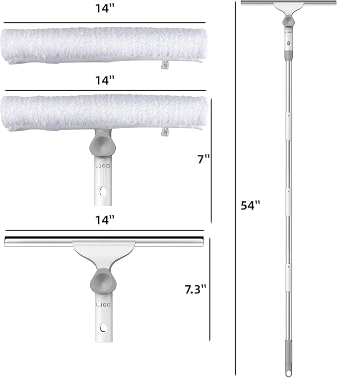 Window Cleaning Squeegee Kit, 14" Silicone Blade and Microfiber Scrubber with 54" Aluminum Handle, 2-in-1 Rotating Window Cleaner for Glass Doors, Shower, Mirrors and Home Windows – LJGG (Gray/White)