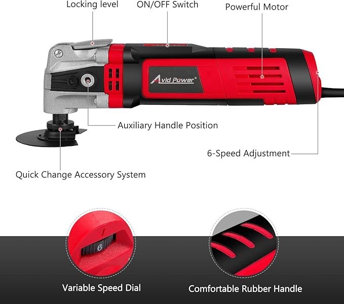 AVID POWER Oscillating Tool, 3.5-Amp Oscillating Multi Tool with 4.5° Oscillation Angle, 6 Variable Speeds and 13pcs Saw Accessories, Auxiliary Handle and Carrying Bag