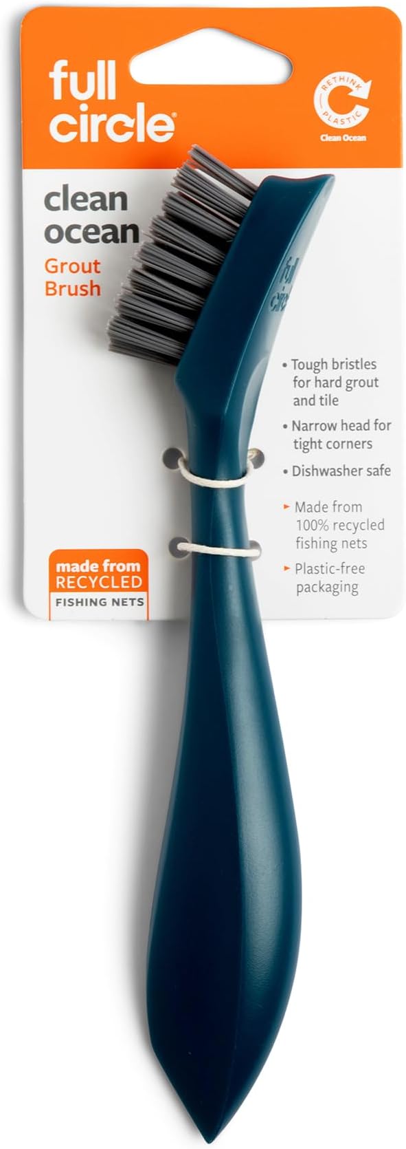Full Circle Clean Ocean Small Grout Brush, Tough Bristles, Cleans Crevices, Sustainably Made 100% From Recycled Ghost Fishing Nets, Safe for Nonstick