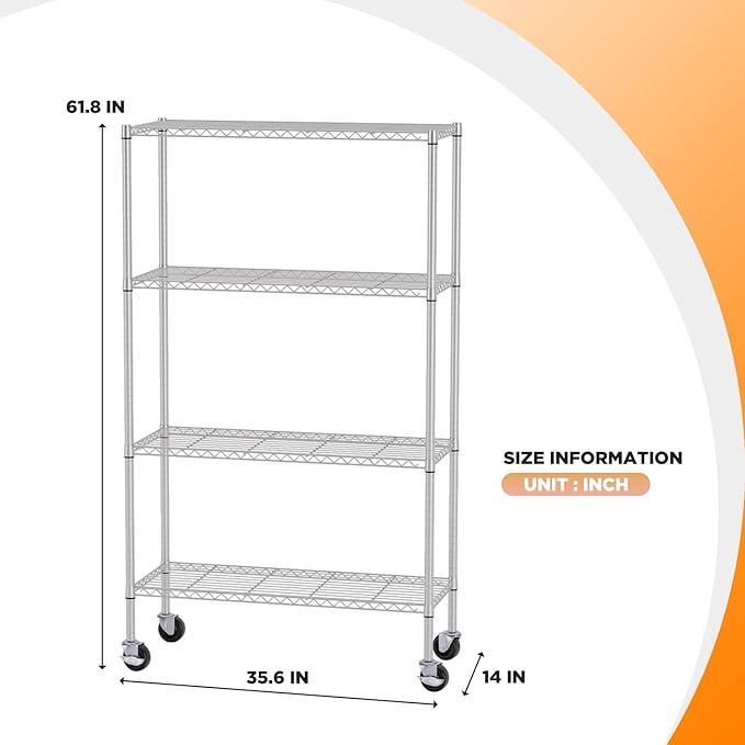 FDW 4-Tier Wire Shelving Unit Adjustable Garage Shelving 1400 lbs Weight Capacity Storage Shelves with Wheels for Home Kitchen Garage Commercial, 14" Dx36 Wx62 H, Chrome