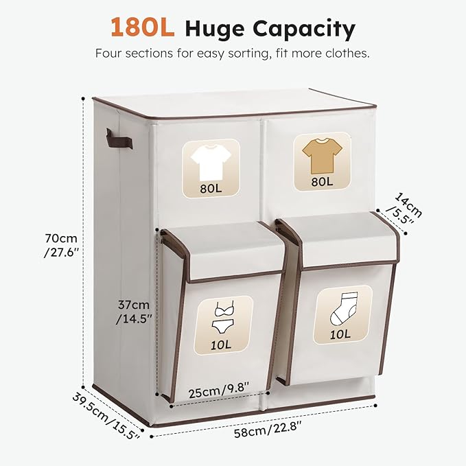 SOLEDI Double Laundry Hamper with Lid, 47.8 Gal (180L) Large Laundr Basket 2 Section with 2 Side Pockets, Dirty Clothes Hamper with Removable Bag, Easy to Carry for Laundry Room, Bedroom, Beige