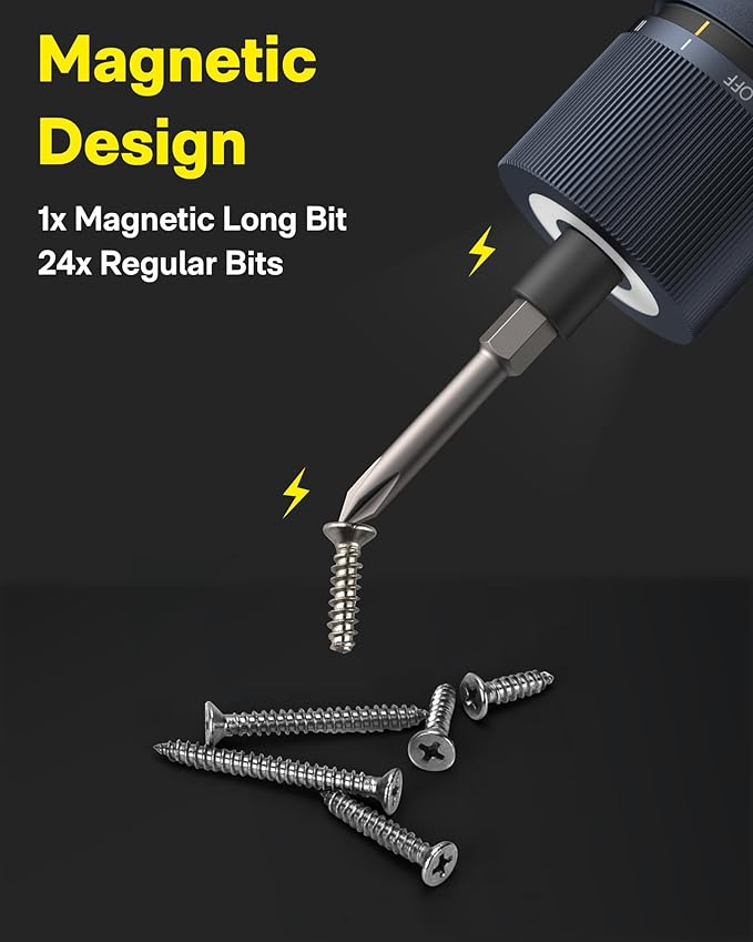 HOTO Electric Screwdriver Kit, Upgraded 1/4'' Hex 25 Bits, Magnetic Lid, Rechargeable Cordless Screwdriver, 1500mAh Battery, LED Light, Ideal for Furniture Assembly, Home Repair & Garage Projects