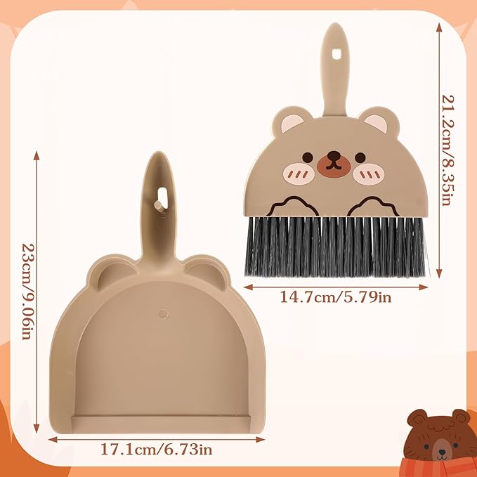 Ouligay Portable Hand Broom and Dustpan Set,Cute Mini Broom and Dustpan Set with Durable Brush,Lightweight Small Dust Pan and Broom Set for Desktop Cleaning Small Space Cleaning(Brown Bear)