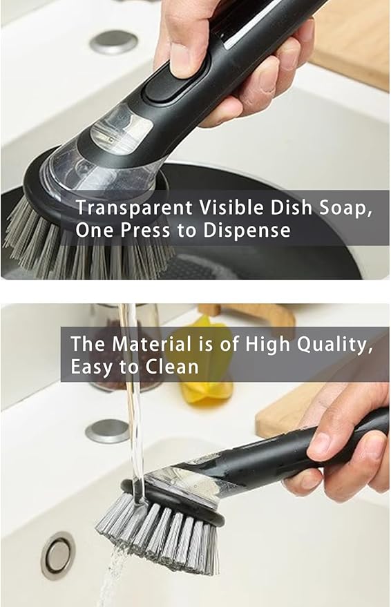 Kitchen Cleaning Brush with Soap Dispenser Handle - Multifunctional Brush Head Replacemen for Pans, Pots, Kitchen Sink, 4 in 1 Household Cleaning Tool for Home and Apartment Must Haves
