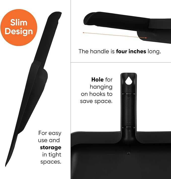 Superio Clip-On Dustpan with Rubber Lip - 10-inch Wide Durable Plastic Dust Pan with Comfort Grip Handle, (Clip-on Dustpan with Rubber Lip, Black) (Black)