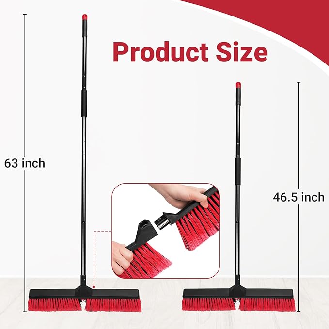 2PK 24" Push Broom Outdoor with 63" Long Handle and Stiff Bristles, Heavy Duty Outdoor Broom Brush for Workshop, Garage, Concrete, Patio and Deck Floor Sweeping