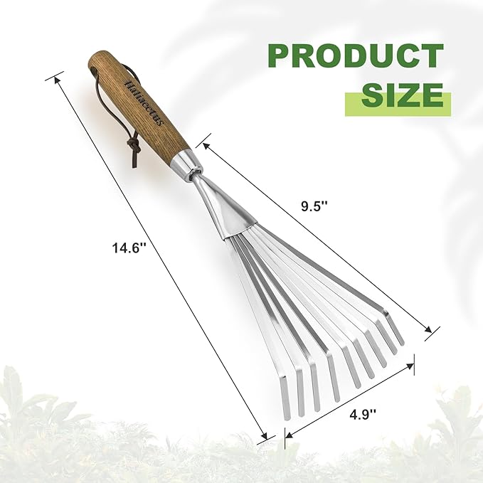 Haliaeetus Garden Hand Rake, 14.6'' Small Rake for Tight Areas, 9 Tines Stainless Steel Garden Rake with Ergonomic Wood Handle for Clearing Leaves and Loose Debris in Flower Bed and Around Plants