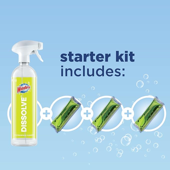 Windex Dissolve Concentrated Pods, Multisurface Cleaner Starter Kit contains 1 Reusable Bottle, 3 Concentrated Dissolvable Pods