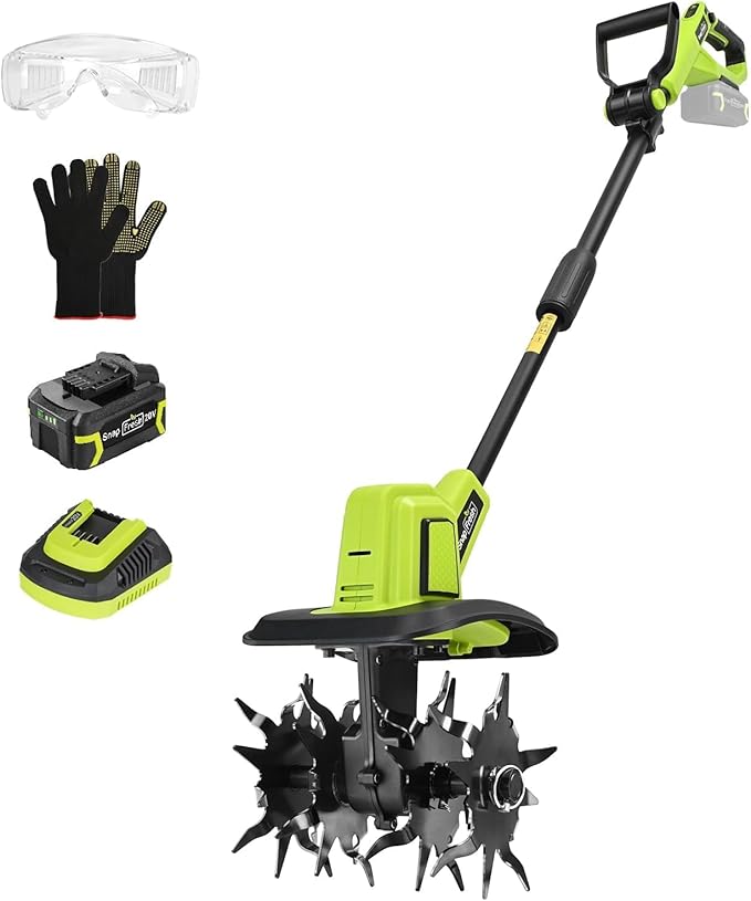 SnapFresh Cordless Tiller Cultivator, 20V Electric Garden Tiller with 4.0Ah Battery and Fast Charger, 300 RPM Battery Powered Rototiller, 9" Width 6.6" Depth, 3 Speed Handheld Tiller with Steel Tines