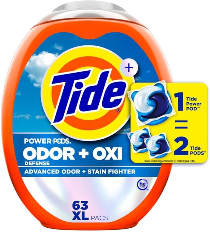 Tide Odor Defense + Oxi Laundry Detergent Pacs, Original Scent, 63 Count, Advanced Odor + Stain Fighter