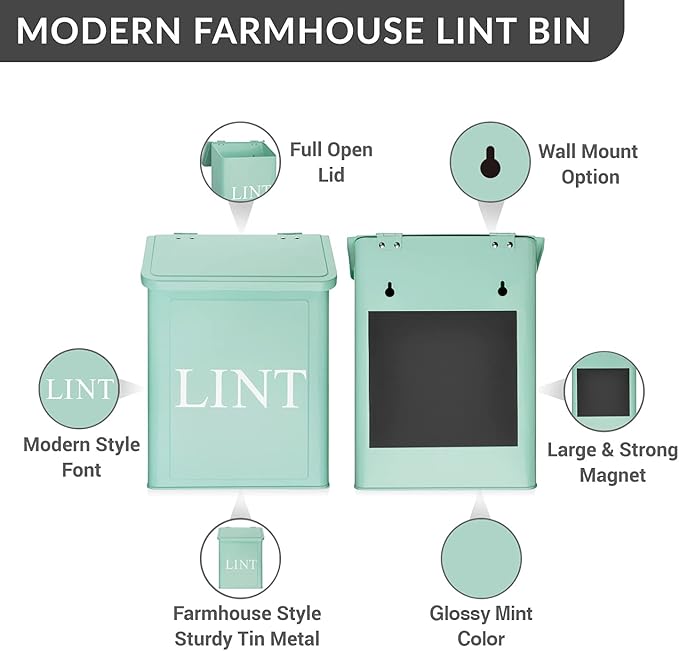 Calindiana Modern Farmhouse Metal Lint Bin for Laundry Room, Mint, 10L