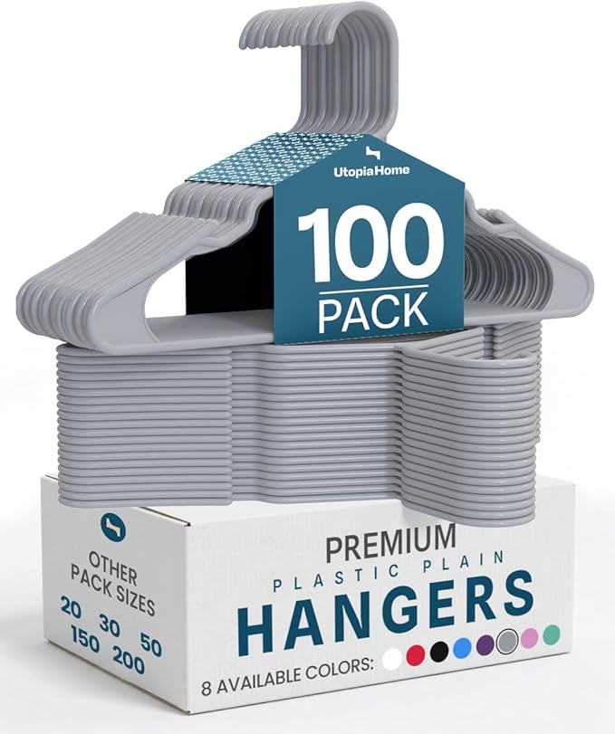 Utopia Home Plastic Hangers 100 Pack - Perfect Space Saving Clothes Hanger - Durable and Strong - Perfect Closet Organizers with Shoulder Grooves (Grey)