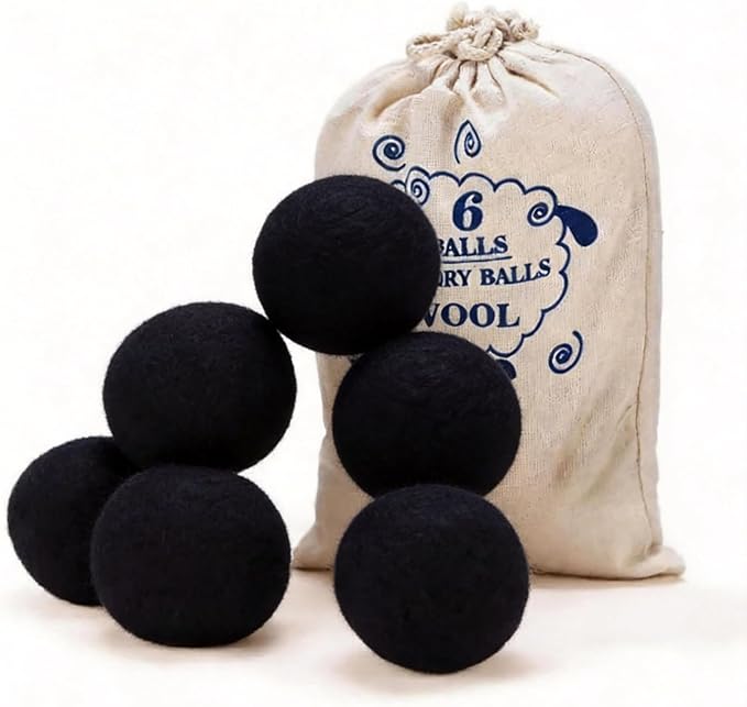 Wool Dryer Balls, New Zealand Dryer Balls Laundry Reusable Reduce Static Cling, Dryer Ball to Reduce Wrinkles & Shorten Drying Time, Drying Balls for Laundry(Pack of 6) (Black)