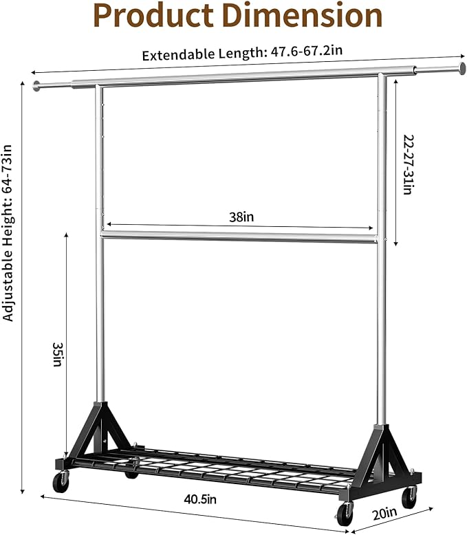 Luxspire Heavy Duty Clothes Rack Load 600 LBS, Double Rod Clothing Rack, Rolling Garment Racks with Lockable Wheels, Shelves, Adjustable Laundry Hanging Racks for Clothes