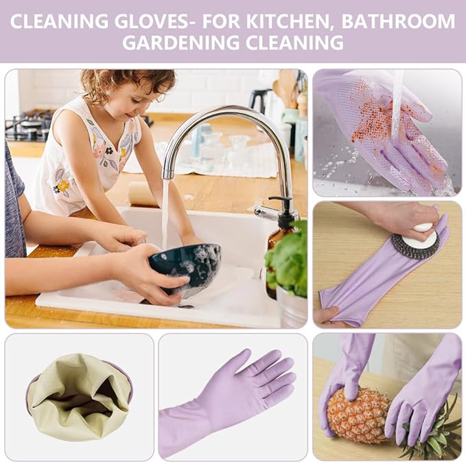 AUAUY Reusable Kitchen Dishwashing Gloves, Rubber Household Cleaning Gloves, Non-Slip Waterproof Dish Glove for Women Men