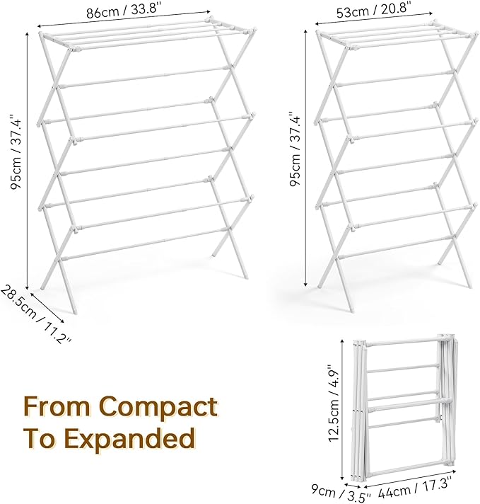 KINGBOARD Clothes Drying Rack, Collapsible Drying Rack Clothing with 11 Poles, 3-Tier Laundry Drying Rack, Small Clothes Drying Rack Foldable for Baby Clothes Sock Towel, 25lb Capacity, White & Grey