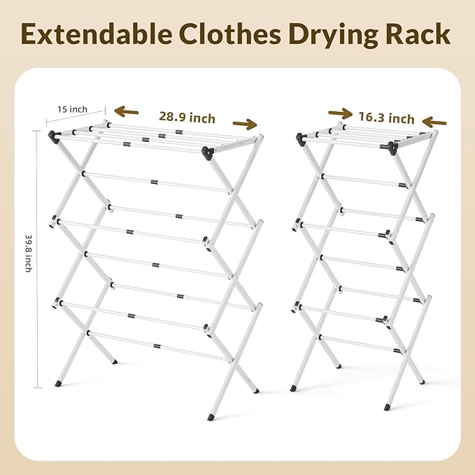 Clothes Drying Rack,Expandable Collapsible Heavy Duty Metal Laundry Standing Rack for Air Drying Clothing,3-Tier Portable Space Saving Clothing Rack for Laundry Indoor Outdoor(White)