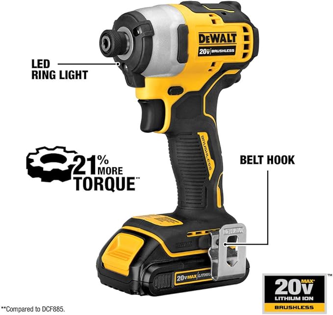 DEWALT ATOMIC 20V MAX* Impact Driver, Cordless, Compact, 1/4-Inch, Tool Only (DCF809B)