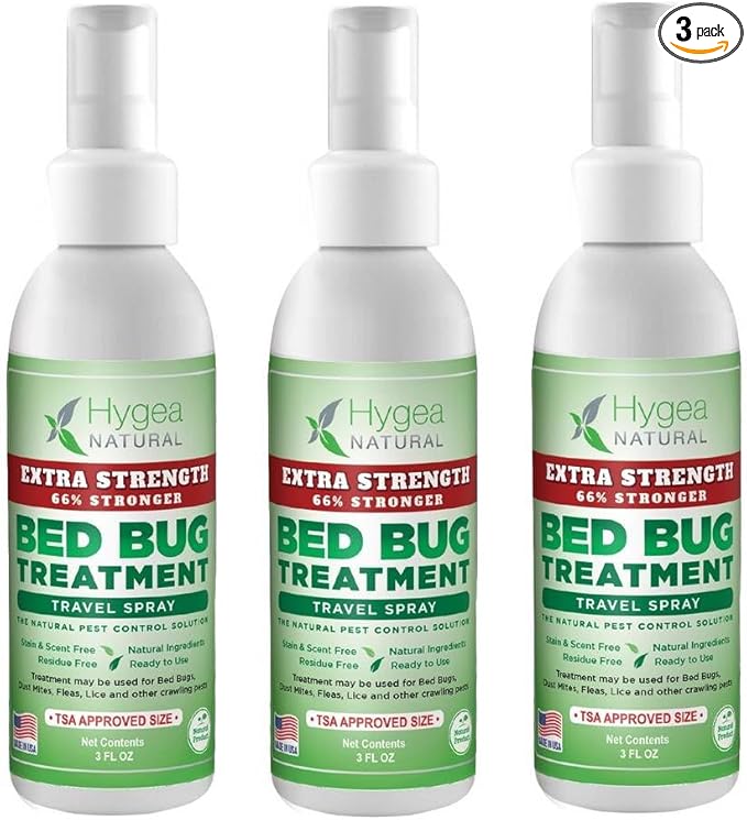 Hygea Natural Extra Strength Bed Bug & Mite Natural Travel Spray - TSA Approved 3 oz Size - Child & Pet Friendly - Stain & Odor Free - for Hotel, Suitcase, Backpack - 66% Stronger Formula (3 pack)