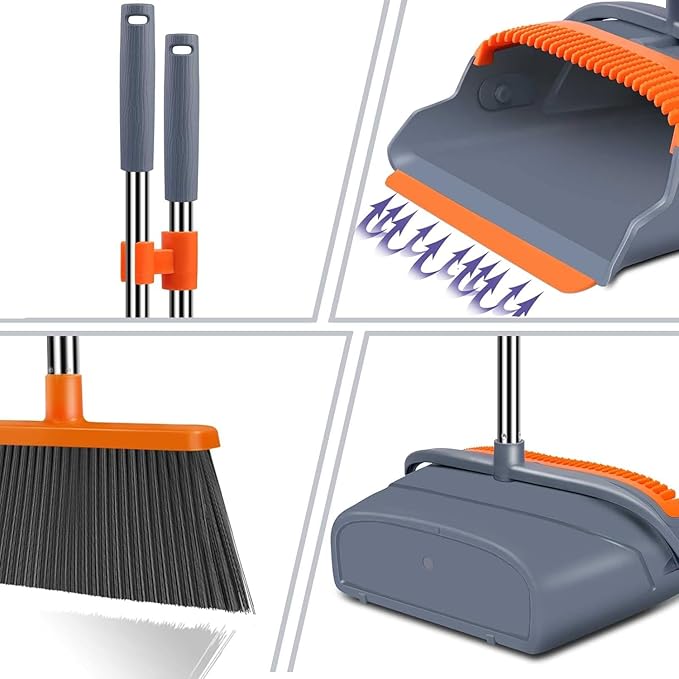 Upgrade Broom and Dustpan Set, Self-Cleaning with Dustpan Teeth, Indoor&Outdoor Sweeping, Ideal for Dog Cat