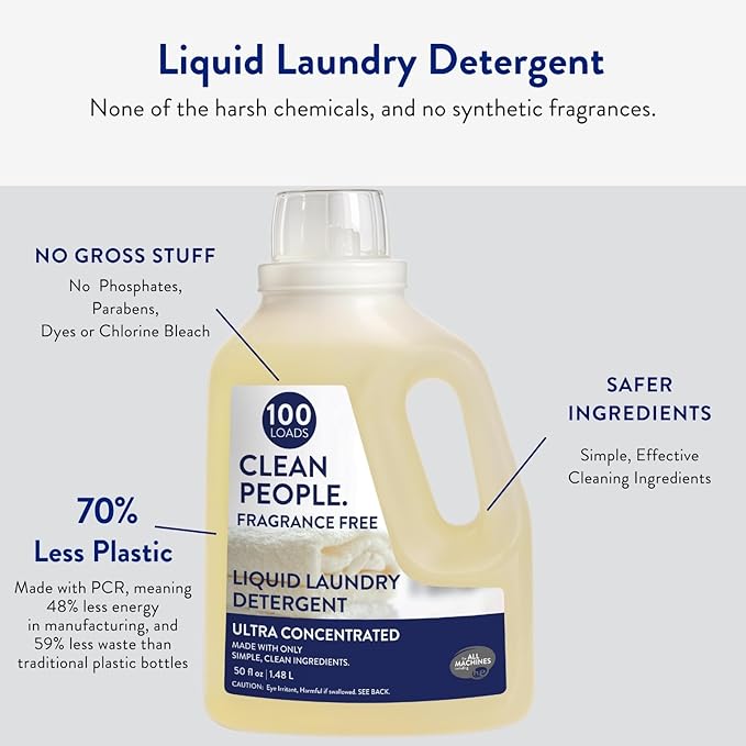The Clean People Liquid Laundry Detergent - Recyclable Packaging, Stain Fighting - Ultra Concentrated, Laundry Soap - Fragrance Free, 50 fl oz