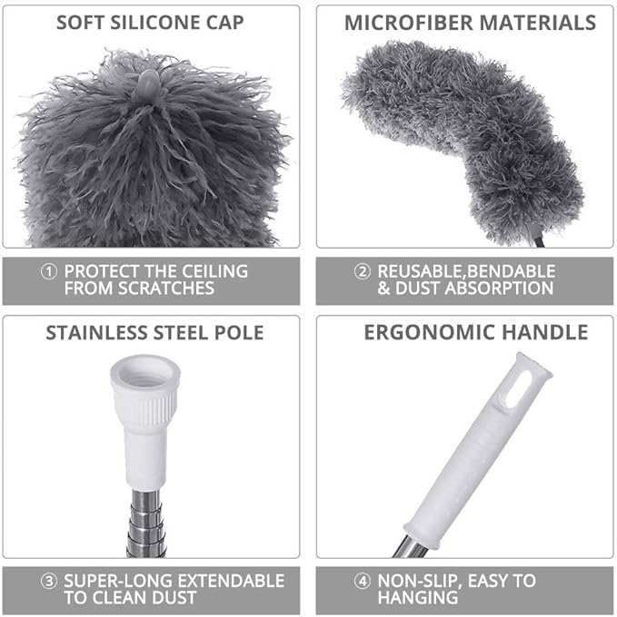 Webster Cobweb Duster, Feather Duster for Home, Extendable Dusters for Cleaning High Ceiling Fans, Hand Wall Duster, Long and Washable Dust Brush Gray