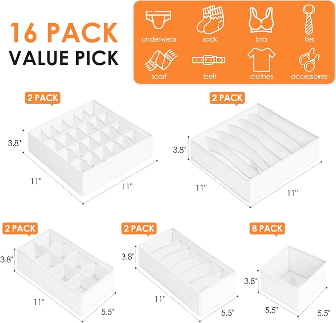 Criusia Drawer Organizer Clothes, 16 Pack Dresser Organizer Bins for Baby Clothes, Underwear Sock, Fabric Closet Organization and Storage Dividers for Nursery Bedroom (96 Compartments, White)