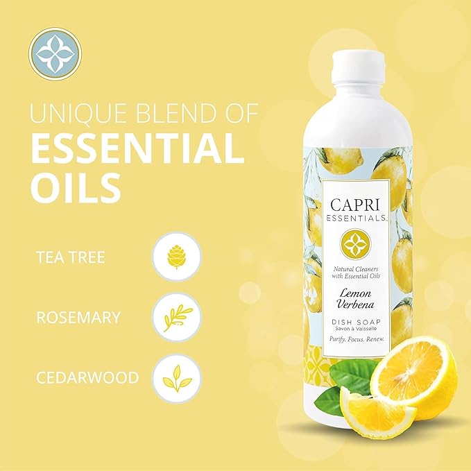 CAPRI ESSENTIALS Dish Soap Liquid, Natural Household Cleaning, Plant Based Aromatic Dish Detergent, Blend of Essential Oils with Tea Tree, Rosemary & Cedarwood, Lemon Verbena, 16 FL Oz (3 Pack)