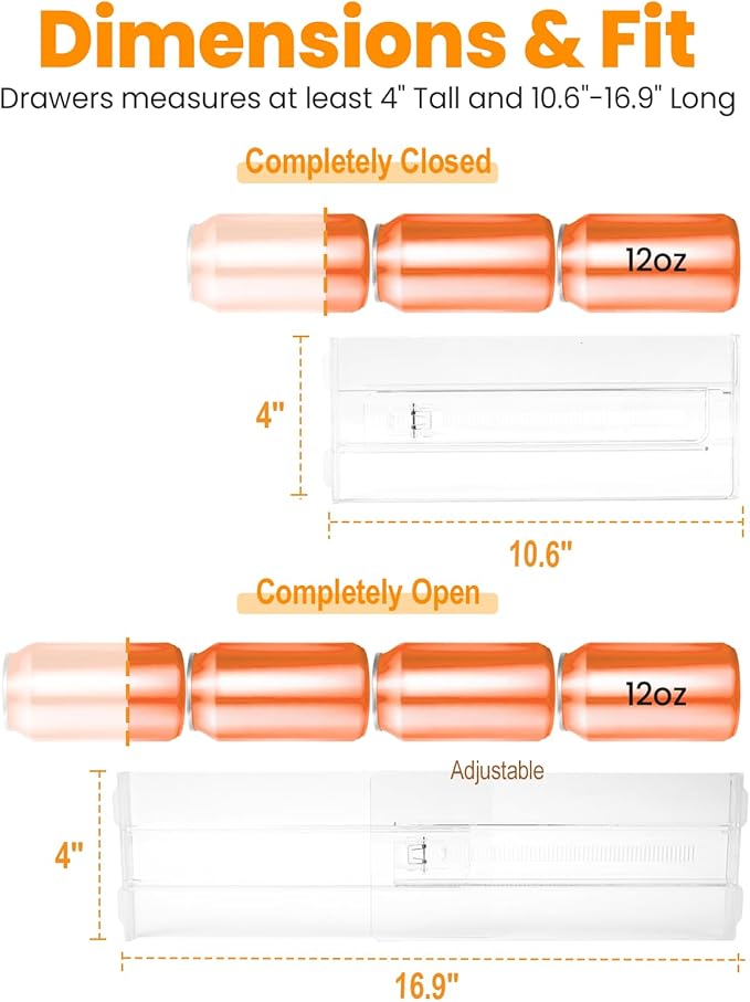 8 Pack Clear Drawer Dividers for Clothes, 4" High 10.6"–16.9" Adjustable Expandable Dresser Drawer Organizer, Dresser Separators for Baby Clothing, Underwear, Sock, Cosmetic, Kitchen, Office Storage