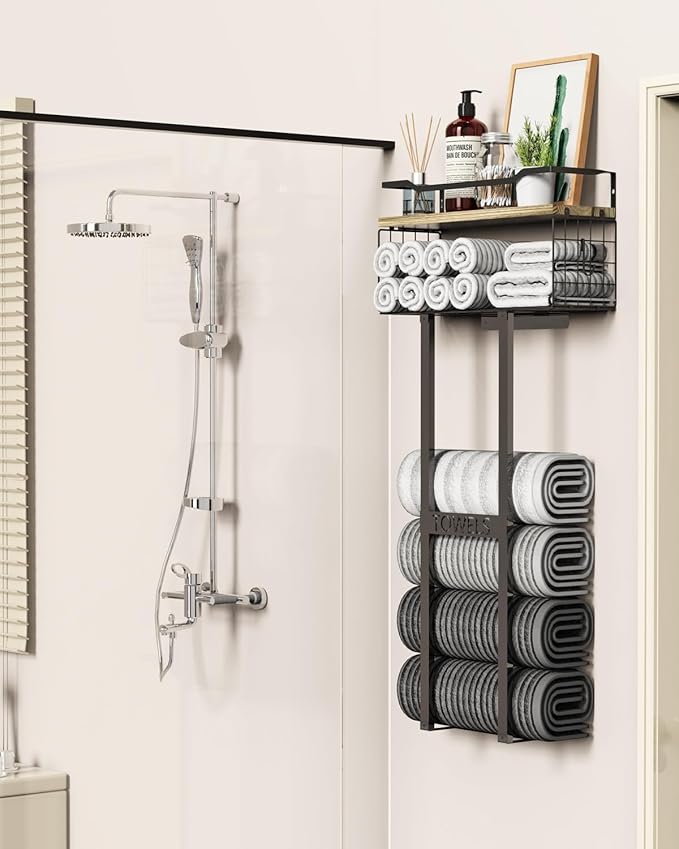 Aetyord Towel Racks for Bathroom - Wall Mounted Metal Rack with Wood Plank, Bathroom Storage Organizer, Towel Holder Stores 6 Large Rolled Towels Easily, Black with Wood Plank