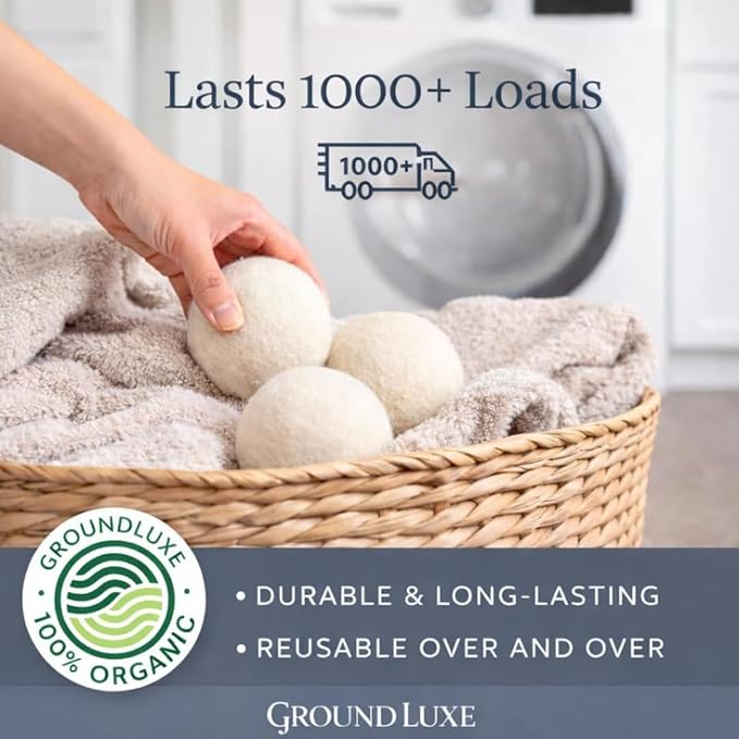 GroundLuxe Premium New Zealand Wool Dryer Balls - 6-Pack, 100% Organic, Hand-Felted, Reusable, Reduce Drying Time - Natural Fabric Softening, Wrinkle & Static Reduction