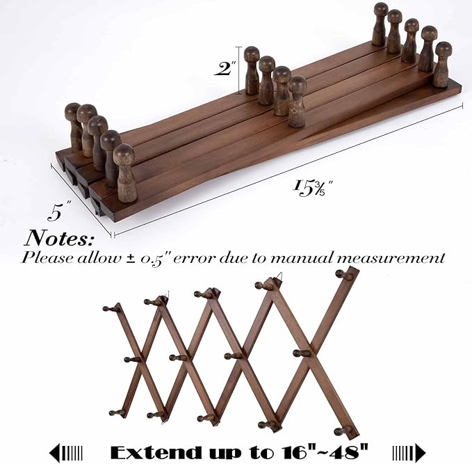 SCUNDA 16 inch High Accordion Wall Hanger with 14 Hooks, Wooden Wall Expandable Coat Rack for Coat, Hats, Baseball Caps, Coffee Mug, Jewelry