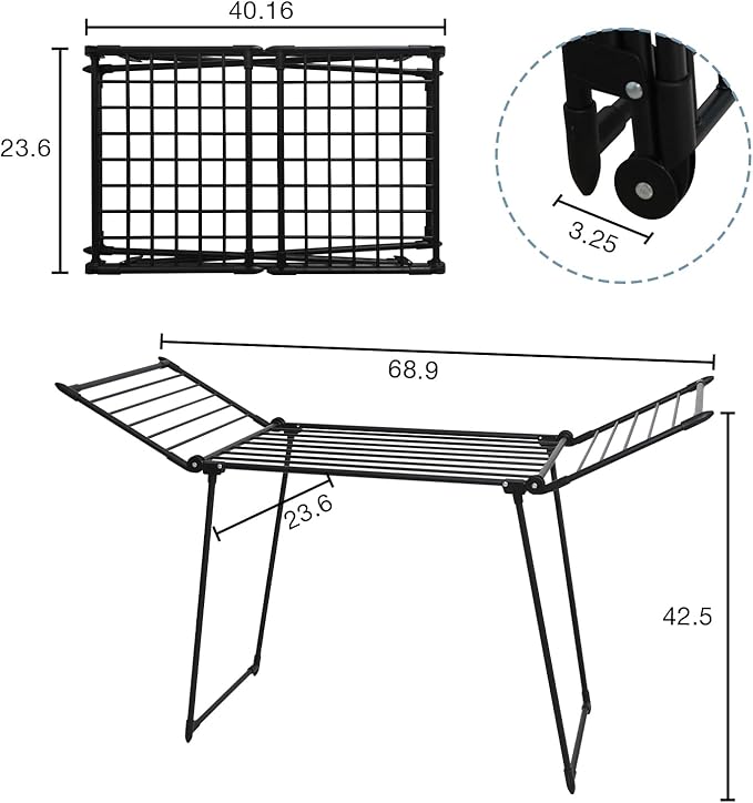 Clothes Drying Rack, with Sock Clips & with Buckle, Metal Laundry Rack, Foldable Gullwing Design, Free-Standing Laundry Airer Space-Saving, Free-Standing Airer, Indoor Outdoor Use, Black