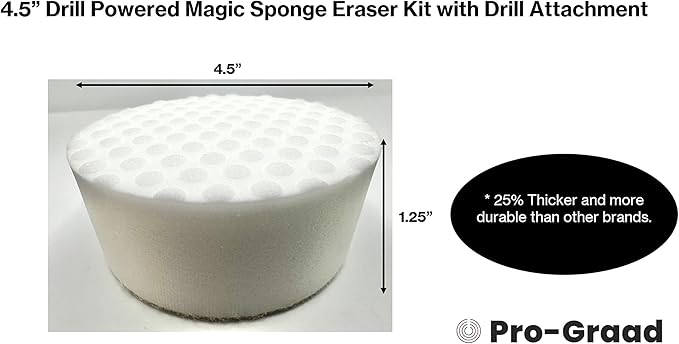 4.5” Drill Powered Magic Sponge Eraser 6 Pieces Kit with Drill Attachment | 25% Thicker Ultra Durable Melamine Cleaning Eraser Pads for Bathroom Kitchen Floors Walls Baseboards Crayon Marker and More